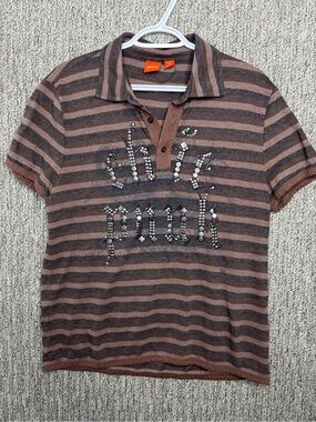 BOSS Hugo Boss Orange Men's Brown Striped Polo Shirt Y2K Chic Punk Metallic